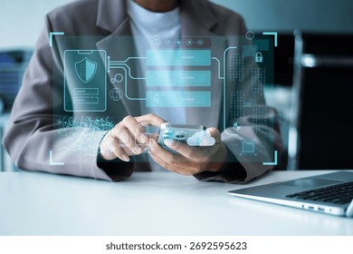 Cybersecurity technology with data protection, encryption, password access, and cloud security. Ideal for digital privacy, online safety, and IT defense visuals.	
