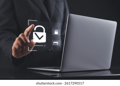 cybersecurity themed illustration showing biometric lock icons on virtual interface representing corporate data protection by a professional hand gesture in a secure workspace