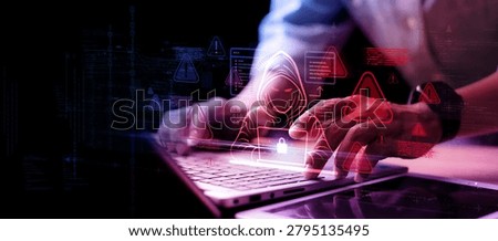 Cybersecurity threat concept with hacker attack, data breach alerts and network protection. Digital security monitoring system defending sensitive information against cybercrime, malware and hacking risks.