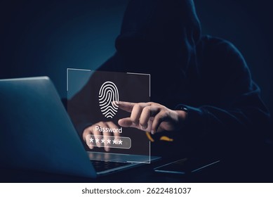 Cybersecurity threat concept with hacker using fingerprint to access password data, showing digital identity protection, online security and internet privacy risk.