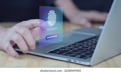 Cybersecurity threat concept with hacker using fingerprint to access password data, showing digital identity protection, online security 