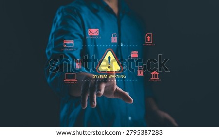 Cybersecurity threat detection concept with system warning alert,data breach protection, ransomware prevention, network security monitoring and cyber attack risk management for digital infrastructure.