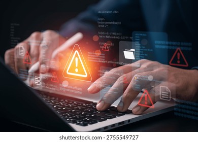 Cybersecurity threat warning concept with developer analyzing system code on laptop while digital alert icon highlights network security risk data breach detection and cyberattack protection. - Powered by Shutterstock - Get 15% off with code: PIKWIZARD15