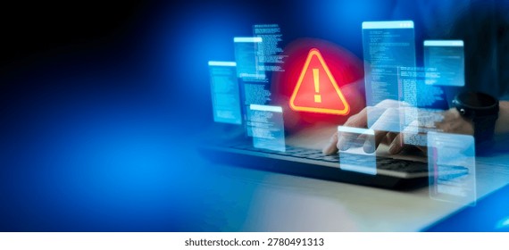 Cybersecurity threat warning concept with developer analyzing system code on laptop. Futuristic digital interface showing alert icon, hacking vulnerability, data protection, and network security audit - Powered by Shutterstock - Get 15% off with code: PIKWIZARD15