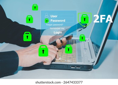 Cybersecurity and two-factor authentication (2FA) concept. A user logging in on a laptop with secure verification via mobile device, data protection, 2fa secure login systems of your account.