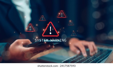 Cybersecurity vulnerability, data breach, illegal connection, compromised information. System warning caution sign for notification error and maintenance concept. cyber attack on computer networks. 
