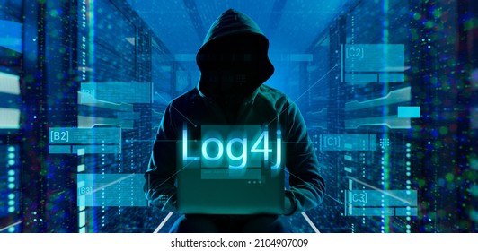 cybersecurity vulnerability Log4J and hacker,coding,malware concept.Hooded computer hacker in cybersecurity vulnerability Log4J on server room background.