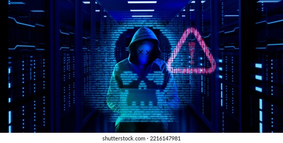 cybersecurity vulnerability Log4J and hacker,coding,malware concept.Hooded computer hacker in cybersecurity vulnerability Log4J on server room background.metaverse digital world technology.