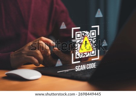 Cybersecurity warning about QR code scams showing a person scanning a code with a smartphone, with digital warning symbols representing phishing, data theft, and online fraud risk.