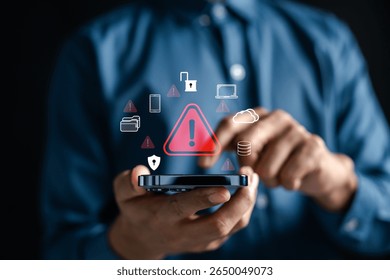 Cybersecurity warning alert on smartphone and digital threat symbols for hacking, phishing, malware, data breach, cloud risk, mobile security, and online protection.