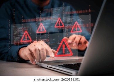 Cybersecurity warning with coding glitch and malware alert shown on digital interface, representing data breach and system vulnerability.Hacking attempt detected with virus icons on computer screen. - Powered by Shutterstock - Get 15% off with code: PIKWIZARD15