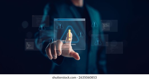 Cybersecurity warning concept with hand pressing virtual alert icon on screen, representing system error, malware risk, and data breach prevention in digital networks and IT infrastructure.