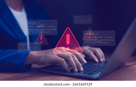 Cybersecurity warning concept. Warning icon and programming code. Data breach, system error, hacking attempt, software development issues and bug fixing process. Cyber security and IT support.