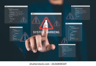 Cybersecurity warning concept with Man pressing virtual alert icon on screen, representing system error, malware risk, and data breach prevention in digital networks and IT infrastructure.
