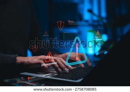 Cybersecurity warning and data threat detection concept. Person using laptop with alert icons, system warning messages, and danger symbols, cyber risk, network protection, digital security monitoring,