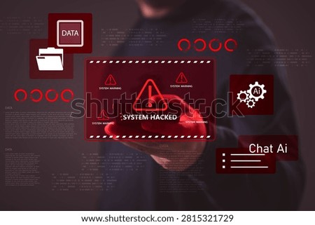 Cybersecurity warning interface showing system hacked alert, AI security breach and data protection risk on smartphone. Concept of cyber attack, hacking, ransomware and digital security threat.