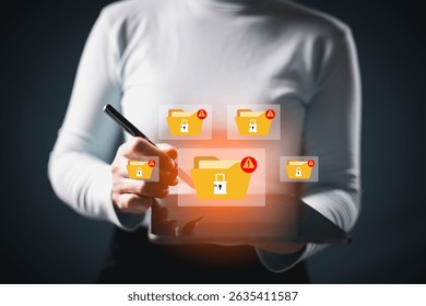 Cybersecurity warning on data folders with lock icons and red warning alerts signs. Represents encryption error, ransomware attack, system breach, digital threat from hacker, malware activity. breach