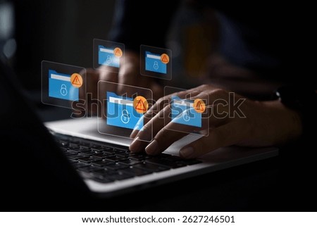 Cybersecurity warning on data folders with lock icons and red warning alerts signs. Represents encryption error, ransomware attack, system breach, and digital threat from hacker or malware activity.