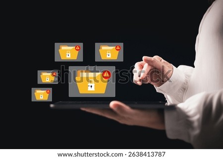 Cybersecurity warning on data folders with lock icons and red warning alerts signs. Represents encryption error, ransomware attack, system breach, digital threat from hacker, malware activity. breach