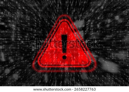 Cybersecurity warning with red warning symbol with binary code. Concept of cyberattacks, data breaches and information security threats