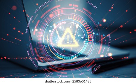 Cybersecurity warning sign with futuristic digital interface and binary code over a laptop on a dark background, concept of data protection and cyber threats