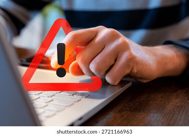 Cybersecurity Warning While Working On Laptop, Phishing Scam Spam Malware Security Threat Alert For Online Banking, Email Login Protection And Software Error