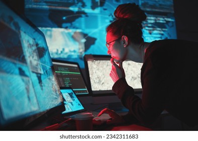 Cybersecurity, woman and computer with global network for phishing, ransomware and cyber search. Maps, digital database and IT worker in dark room for virtual malware hacking fix of a employee back