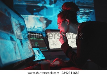 Cybersecurity, woman and computer with global network for phishing, ransomware and cyber search. Maps, digital database and IT worker in dark room for virtual malware hacking fix of a employee back