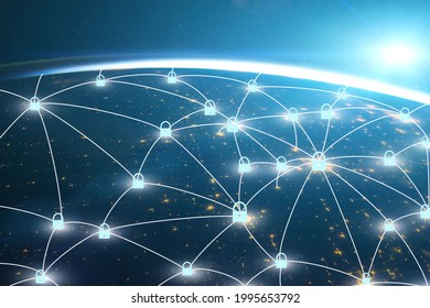 cybersecurity,connection protection,cyber locks icons on worldwide networks, security against cyberattacks,Element of the image provided by NASA