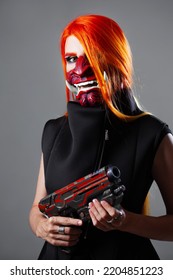 Cyborg Mercenary In Asian Demon Mask, Young Woman With Bright Orange Hair With A Gun In Her Hands, Futuristic Cyber Punk Style