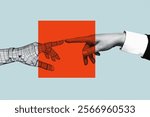 cyborg robotic hand pointing his finger to human hand with stretched finger in red focus - Design for banner, flyer, poster, cover or brochure