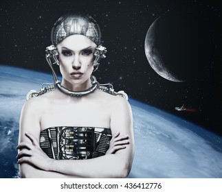 Cyborg Woman, Abstract Science And Technology Backgrounds. NASA Imagery Used 