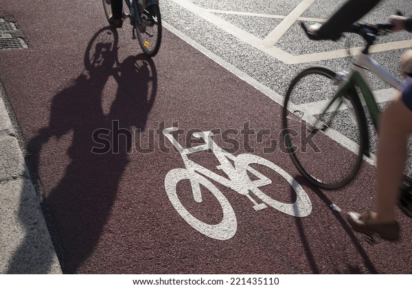 Cycle Lane with\
Cyclist in Dublin,\
Ireland