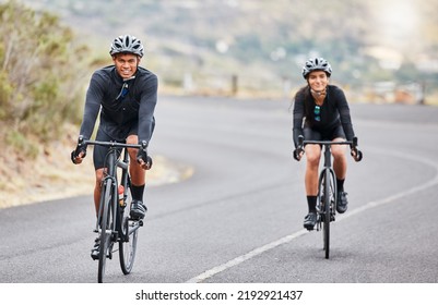 Cycling, Couple Goals And Fitness While Riding Bicycle On Countryside Road For Health And Exercise. Happy Male And Female Cyclists And Athletes Looking Happy While Training For Sports Race Or Hobby