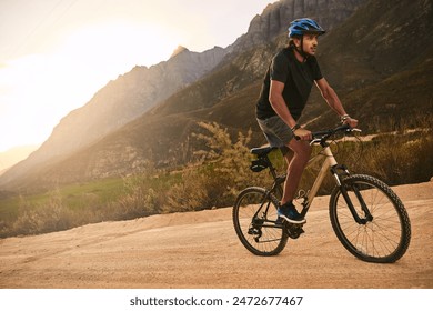 Cycling, exercise and man with bicycle on mountain for outdoor journey, adventure or travel in morning. Fitness, cyclist and person with bike in nature for training, wellness and workout in Australia - Powered by Shutterstock