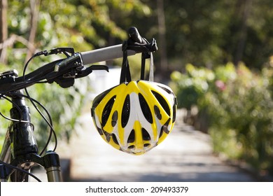 cycling helmet closeup on bicycle outdoors
