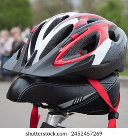 Cycling helmet on a bicycle seat closeup in summer park