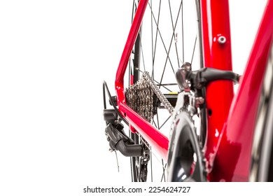 Cycling Ideas. Closeup of Crankset and Rear Cassette with New Chain. Against White. Horizontal Shot