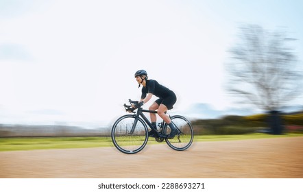 Cycling, motion blur and fitness with woman in nature and mockup for speed, workout and challenge. Exercise, fast and travel with female cyclist riding on bike for journey, adventure and cardio - Powered by Shutterstock