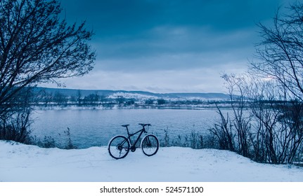 Cycling On Lake. Winter