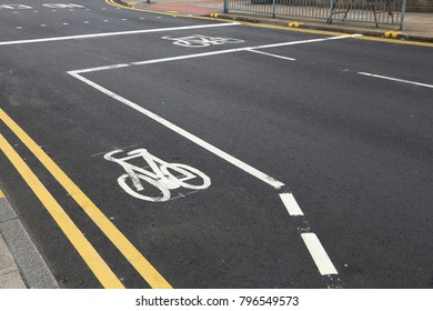 Cycling Path In The City - Leeds, UK. Bike Lane.