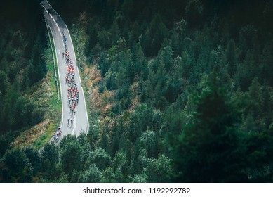 Cycling Peloton On The Road In Mountains Near By Green Forest