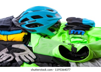 A lot of cycling technical clothes isolated on white.