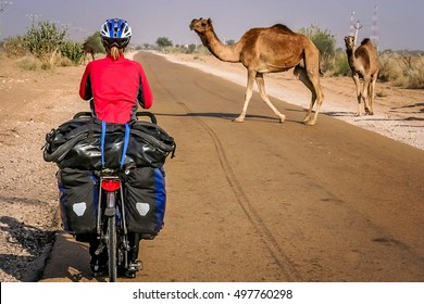 Cycling through remote desert road to Jaisalmer in India