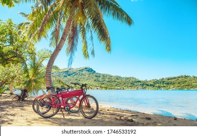 Cycling tourism e-bike bikes biking tour excursion tourists summer vacation travel landscape. Tahiti island bicycles on beach.