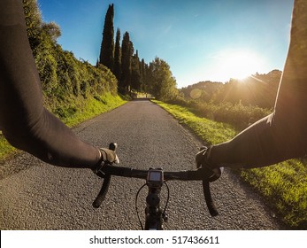 Cycling In Tuscany On Autumn Season. Enjoying A Bike Ride In Chianti Region Hills. Point Of View.