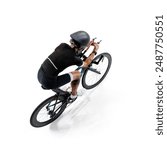 Cyclist, focused woman in black outfit and helmet riding road bike, viewed from above isolated on white background. Concept of sport, competition, tournament, speed, endurance, energy. Isometric view