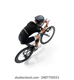 Cyclist, focused woman in black outfit and helmet riding road bike, viewed from above isolated on white background. Concept of sport, competition, tournament, speed, endurance, energy. Isometric view - Powered by Shutterstock