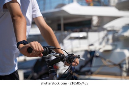 cyclist hands holding a handlebars for control a bike.