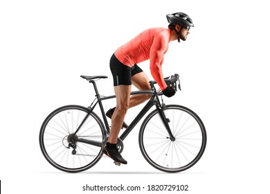 Cyclist with helmet and sunglasses riding a bicycle out of the saddle isolated on white background